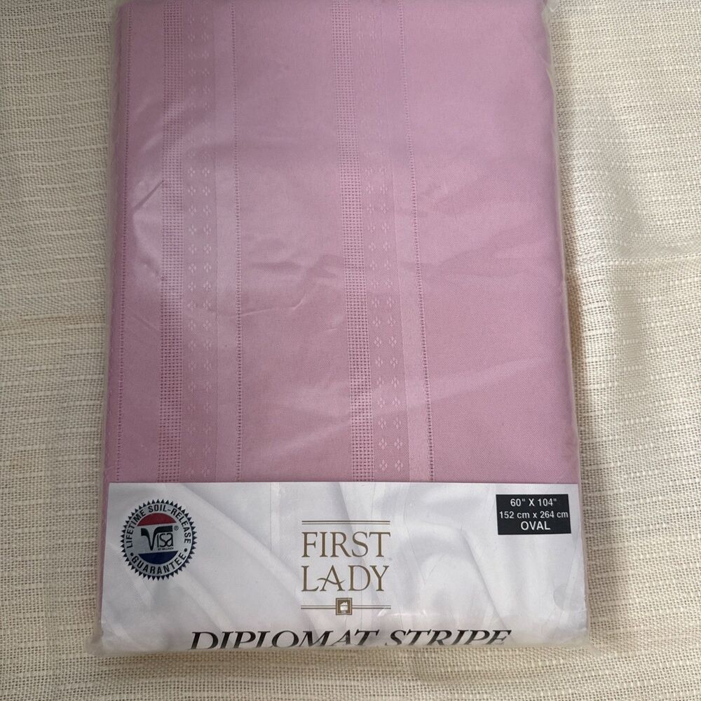 New First Lady Oval Tablecloth 60”x104” Diplomat Stripe No Iron Soil Releasing